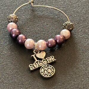 Wine glass tag, stainless steel purple/white/metal beads, Soccer charm
